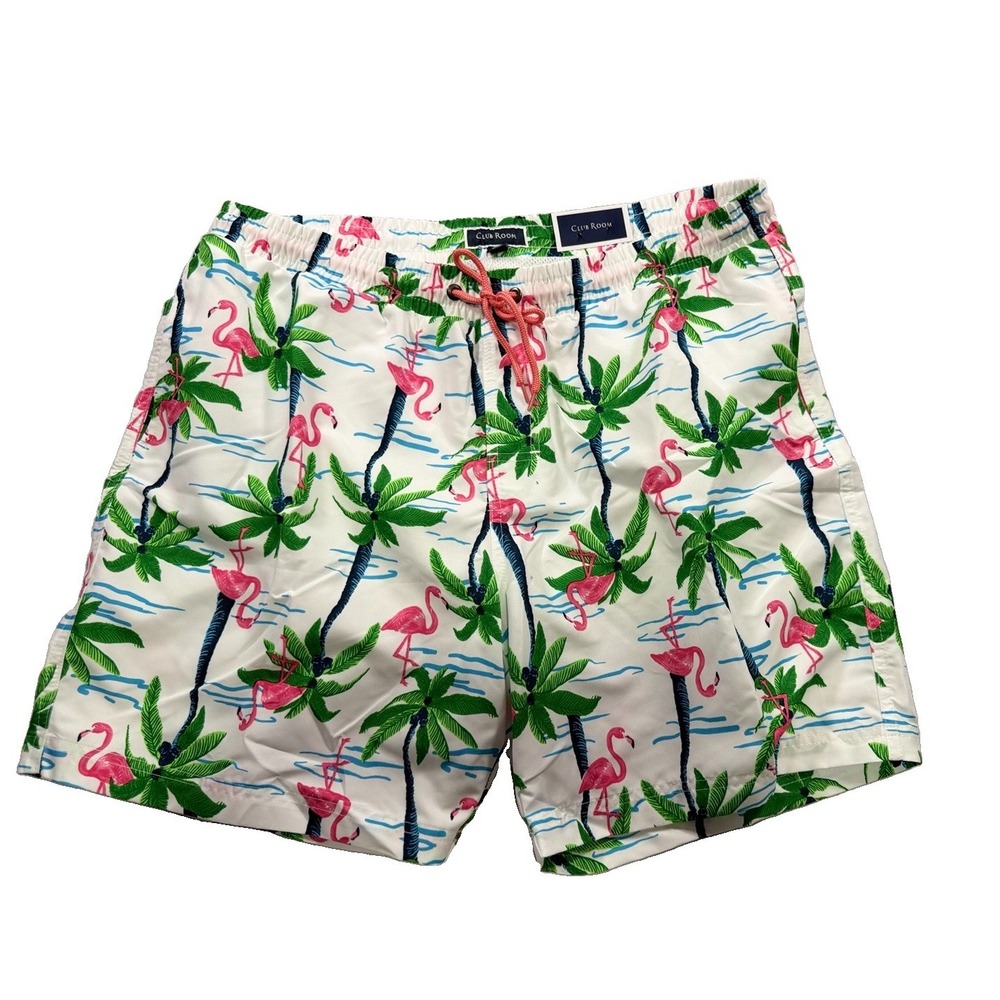 Men's Club Room Swim Trunk Shorts Flamingo Tropical White/Pink Size L Vacation